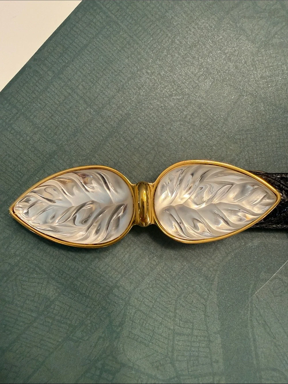 Lalique Black Leather Belt with Gold-Tone & White Leaf Buckle
